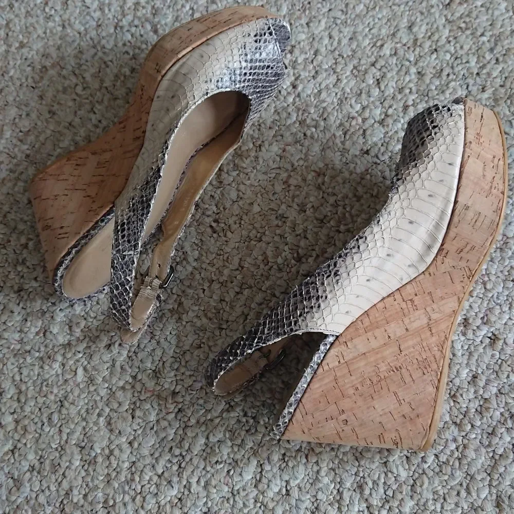 Stuart Weitzman Jean Snake-Embossed Leather Slingback Wedge Sandal Size 8M